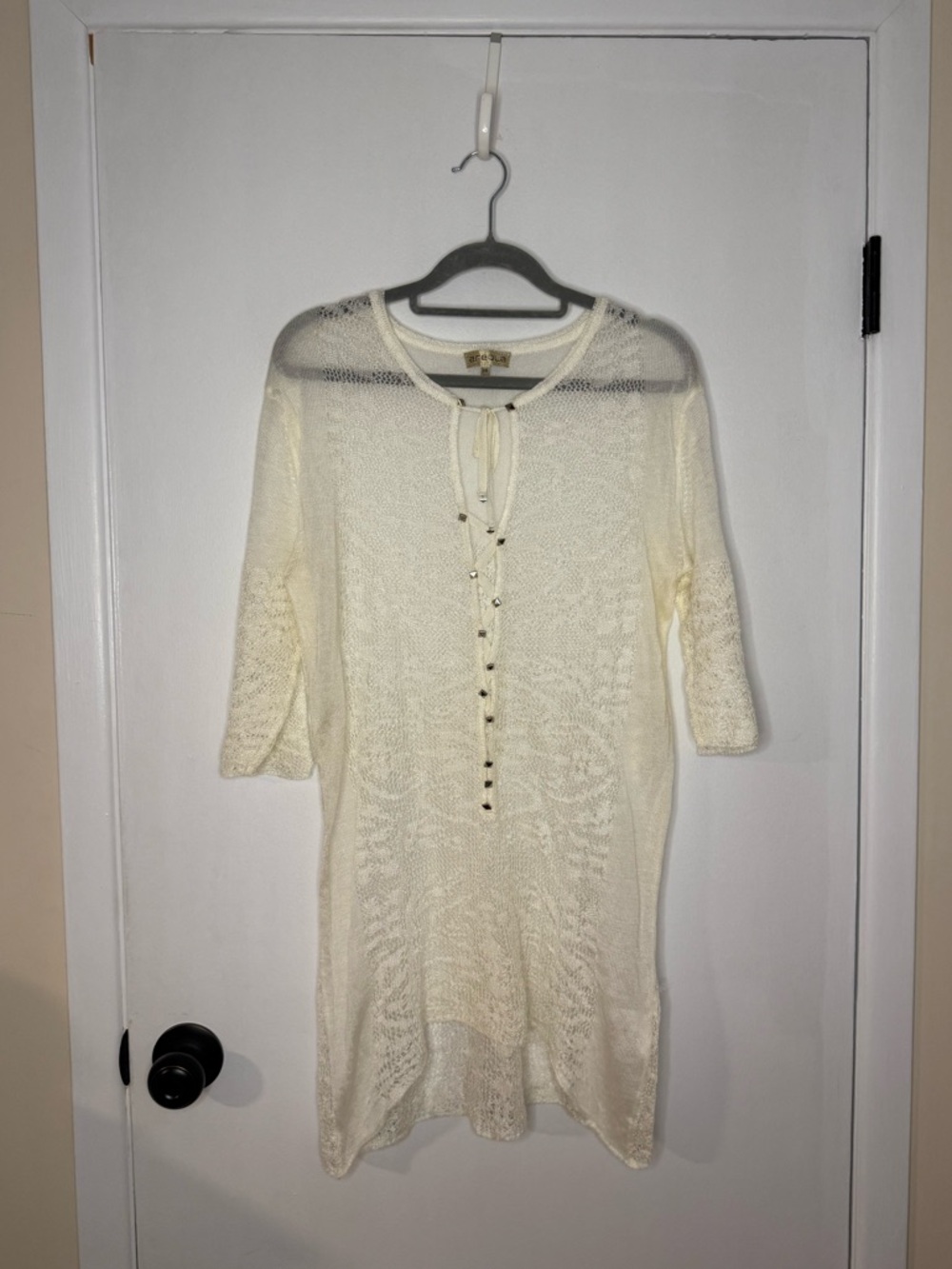 Lightweight Cream Knit Women's Coverup with Tie‎ Neck